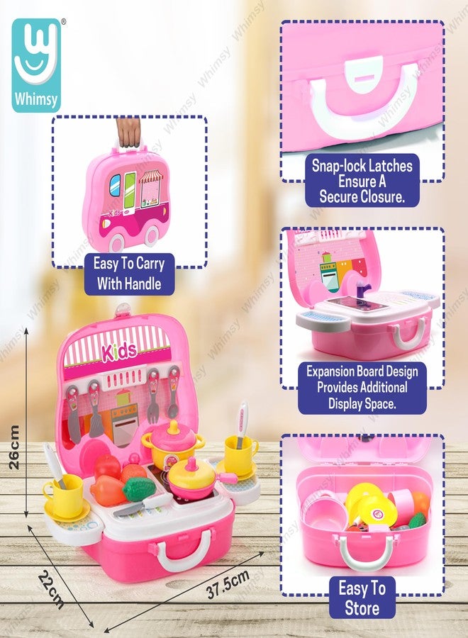 ويمسي طقم مطبخ مرح للبنات، طقم مطبخ على شكل حقيبة بعجلات، طقم طبخ ملون للعب التخيلي للبنات مكون من 18 قطعة، طقم مطبخ محمول للأطفال من عمر 3 سنوات، معتمد من مكتب المعايير الهندية (BIS). (طقم مطبخ على شكل حقيبة) - Image 5